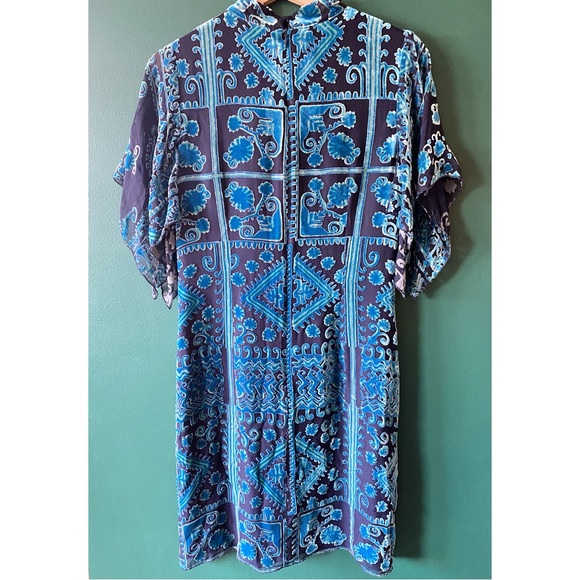 Anna Sui Dress Blue Velvet Burnout Silk Blend Flutter Sleeves Size 4 Small Boho - Picture 2 of 6